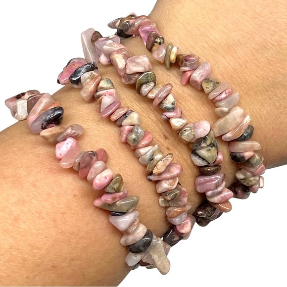 Rhodonite Bracelet Beaded Gemstone Stretch Pink Chip Chips Boho Stone Crystal - Picture 2 of 5